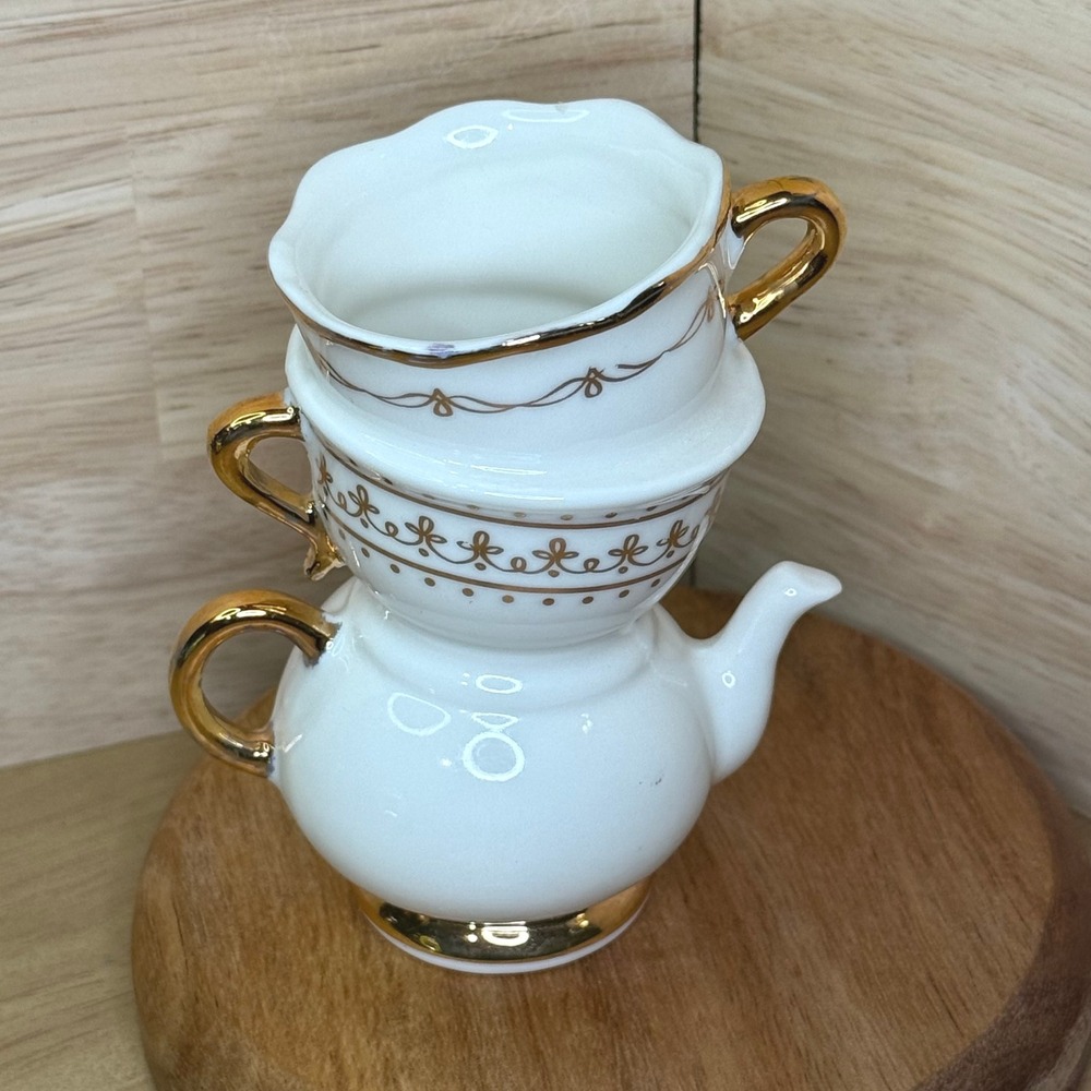 Kate Aspen‎ Stacked Teapot and Cup Set White Gold Trim Decorative Miniature